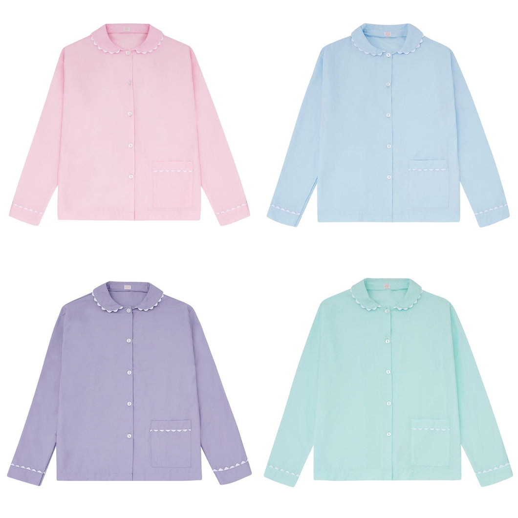 100% Cotton Poplin Pyjama Shirt with White Ric Rac in Pastel Shades... Pink, Blue, Mint & Lilac