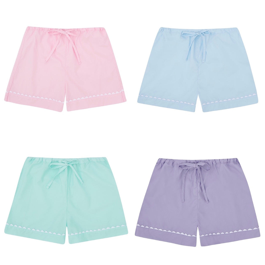100% Cotton Poplin Pyjama Shorts with White Ric Rac in Pastel Shades... Pink, Blue, Mint & Lilac