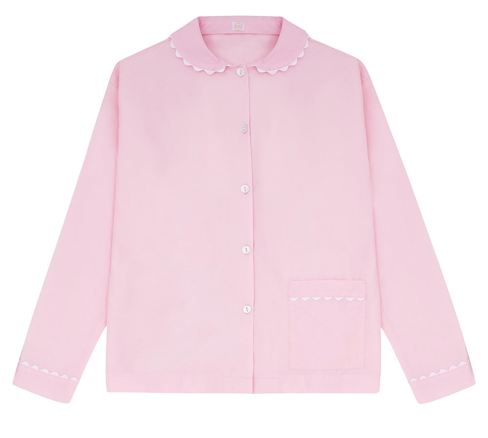 100% Cotton Poplin Pink Pyjama Shirt with White Ric Rac detailing