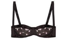 Load image into Gallery viewer, Black Stretch-Silk with Pink Polka Dot Tulle Balconette Bra
