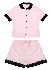 100% Cotton Poplin Pyjamas in Pink with Black Contrasting Collar and Cuffs with Ric Rac Trim
