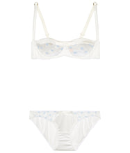 Load image into Gallery viewer, White Stretch Silk with Blue Polka Dot Tulle Balconette Bra