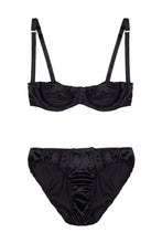 Load image into Gallery viewer, Black Pleated Stretch-Silk Balconette Bra Lingerie Set