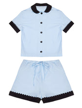Load image into Gallery viewer, 100% Cotton Poplin Pyjamas in Blue with Black Contrasting Collar and Cuffs with Ric Rac Trim