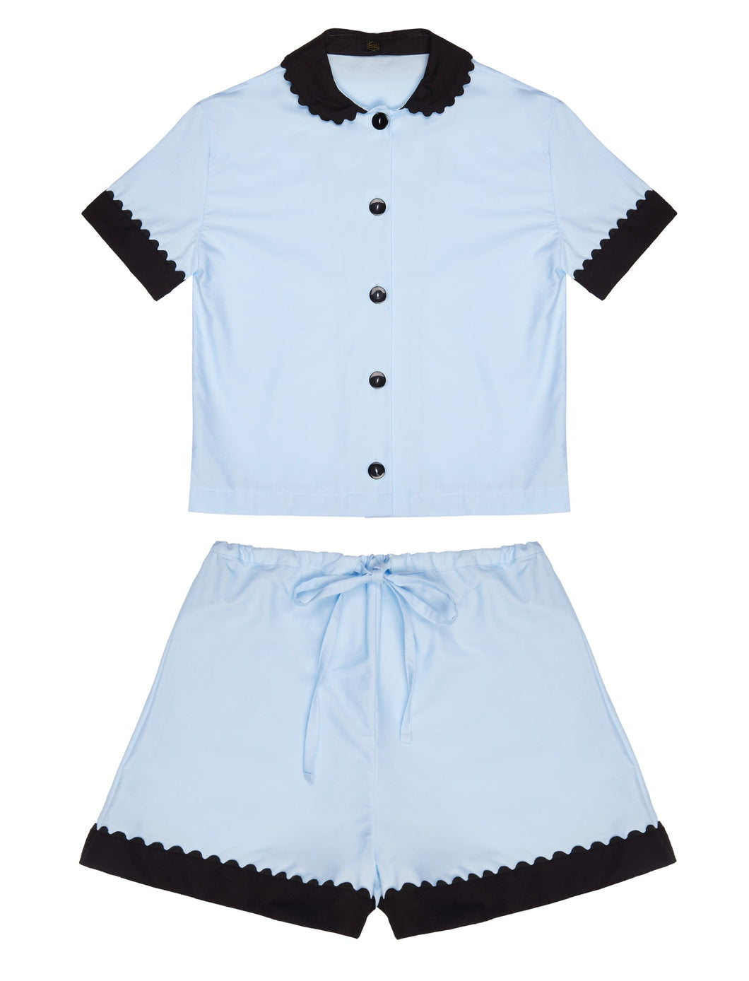 100% Cotton Poplin Pyjamas in Blue with Black Contrasting Collar and Cuffs with Ric Rac Trim