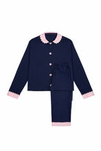 Load image into Gallery viewer, 100% Cotton Poplin Navy Long Pyjamas with Pink Collar and Cuffs with Ric Rac Trim