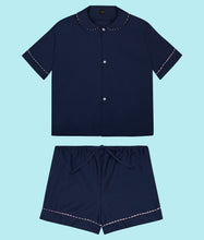 Load image into Gallery viewer, 100% Cotton Poplin Pyjamas in Navy with Pink Contrasting Ric Rac Trim