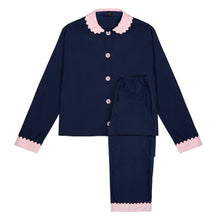 Load image into Gallery viewer, 100% Cotton Poplin Navy Long Pyjamas with Pink Collar and Cuffs with Ric Rac Trim