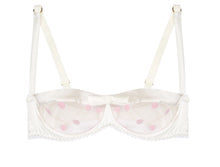 Load image into Gallery viewer, White Stretch Silk with Pink Polka Dot Tulle Balconette Bra