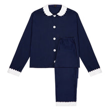 Load image into Gallery viewer, 100% Cotton Poplin Navy Long Pyjamas with White Collar and Cuffs with Ric Rac Trim