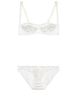 White Stretch Silk with Blue Polka Dot Tulle Briefs
