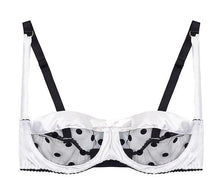 Load image into Gallery viewer, White Stretch-Silk and Black Polka Dot Tulle Balconette Bra Lingerie Set