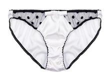 Load image into Gallery viewer, White Stretch-Silk with Black Polka Dot Tulle Briefs