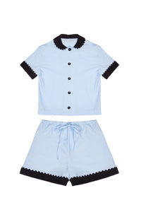 100% Cotton Poplin Pyjamas in Blue with Black Contrasting Collar and Cuffs with Ric Rac Trim