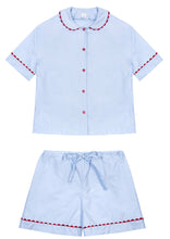 Load image into Gallery viewer, 100% Cotton Poplin Blue Pyjamas with Red Ric Rac Trim