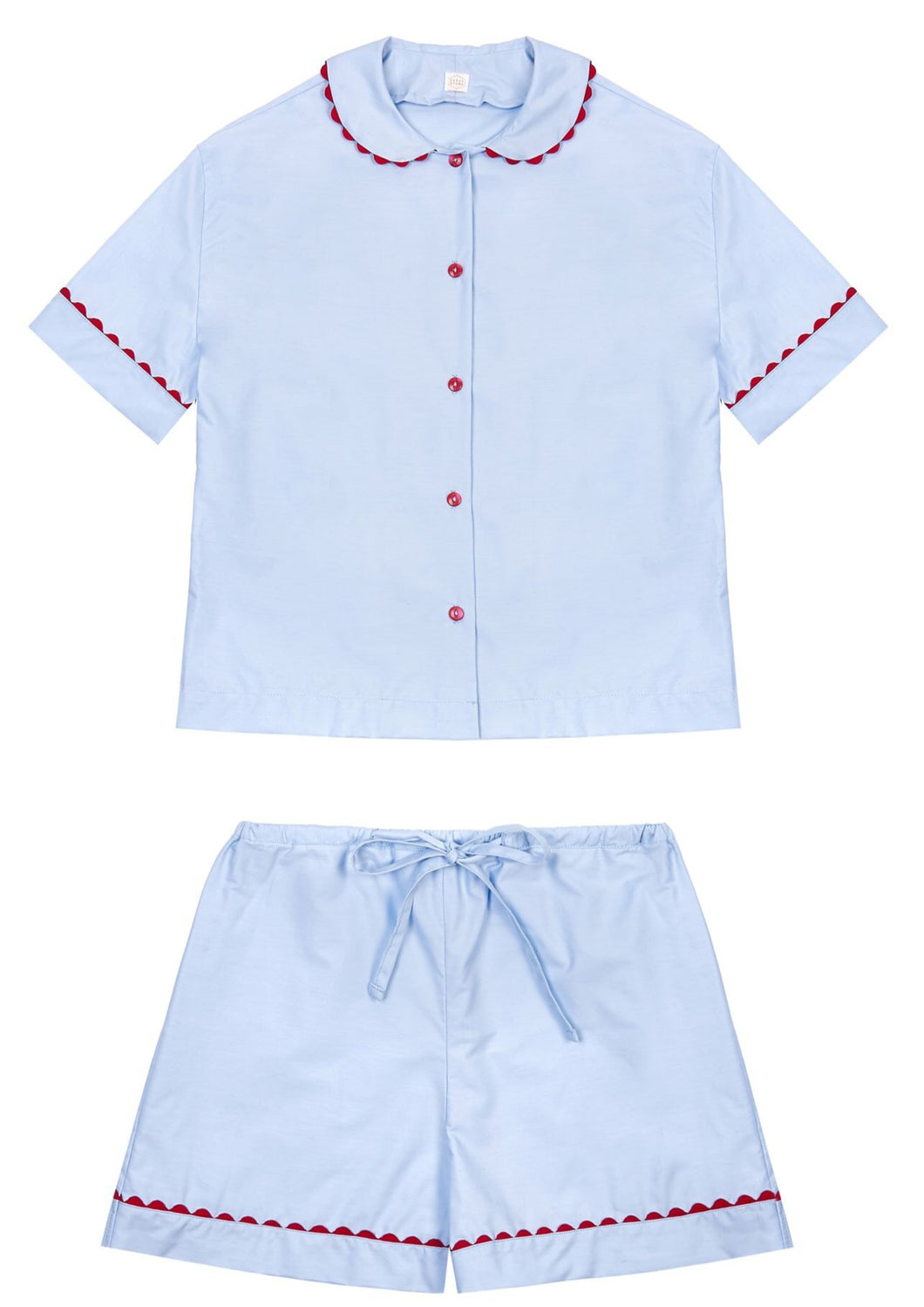 100% Cotton Poplin Blue Pyjamas with Red Ric Rac Trim