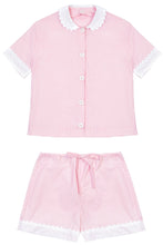 Load image into Gallery viewer, 100% Cotton Poplin Pyjamas in Pink with White Contrasting Collar and Cuffs with Ric Rac Trim