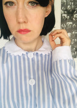 Load image into Gallery viewer, Blue and White Stripe Nightshirt with White Collar and Cuffs - 100% Cotton Poplin