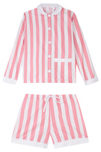 Load image into Gallery viewer, 100% Cotton Poplin Pink  &amp; White Stripe Short Pyjamas with Side Pocket, White Collar and Cuffs Ric Rac Trim