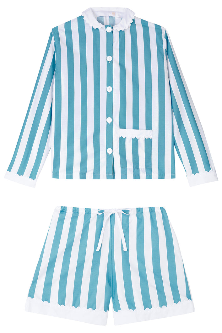 100% Cotton Poplin Blue & White Stripe Short Pyjamas with Side Pocket, White Collar and Cuffs Ric Rac Trim
