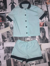 Load image into Gallery viewer, 100% Cotton Poplin Pyjamas in Mint with Black Contrasting Collar and Cuffs with Ric Rac Trim