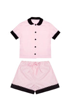 Load image into Gallery viewer, 100% Cotton Poplin Pyjamas in Pink with Black Contrasting Collar and Cuffs with Ric Rac Trim