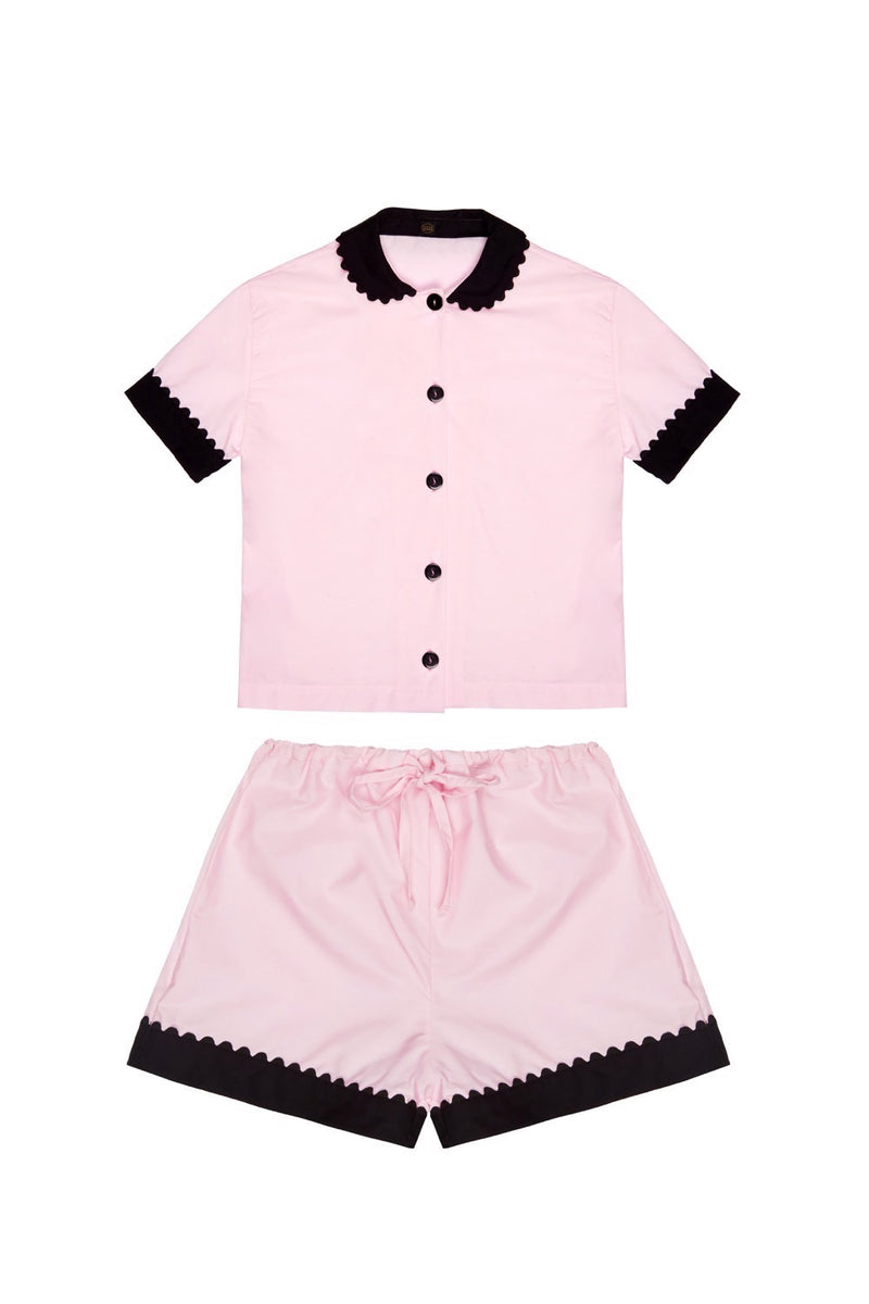 100% Cotton Poplin Pyjamas in Pink with Black Contrasting Collar