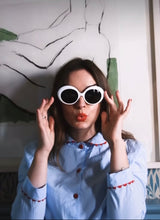 Load image into Gallery viewer, 100% Cotton Poplin Pastel Blue Long Pyjamas with Red Ric Rac Trim