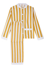 Load image into Gallery viewer, 100% Cotton Poplin Ochre  &amp; White Stripe Long Pyjamas with Side Pocket, White Collar and Cuffs Ric Rac Trim