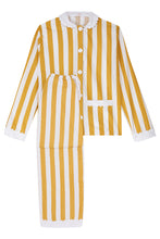 Load image into Gallery viewer, 100% Cotton Poplin Ochre  & White Stripe Long Pyjamas with Side Pocket, White Collar and Cuffs Ric Rac Trim
