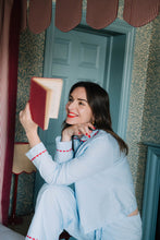 Load image into Gallery viewer, 100% Cotton Poplin Pastel Blue Long Pyjamas with Red Ric Rac Trim