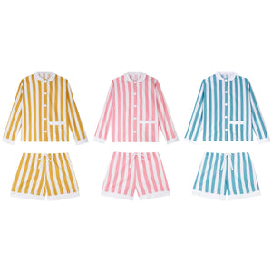 100% Cotton Poplin Pink  & White Stripe Short Pyjamas with Side Pocket, White Collar and Cuffs Ric Rac Trim
