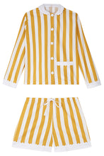Load image into Gallery viewer, 100% Cotton Poplin Ochre  & White Stripe Short Pyjamas with Side Pocket, White Collar and Cuffs Ric Rac Trim
