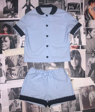 Load image into Gallery viewer, 100% Cotton Poplin Pyjamas in Blue with Black Contrasting Collar and Cuffs with Ric Rac Trim