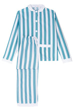 Load image into Gallery viewer, 100% Cotton Poplin Blue & White Stripe Long Pyjamas with Side Pocket, White Collar and Cuffs Ric Rac Trim