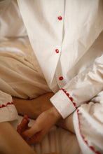 Load image into Gallery viewer, 100% Cotton Poplin White Long Pyjamas with Red Ric Rac Trim