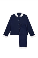 Load image into Gallery viewer, 100% Cotton Poplin Navy Long Pyjamas with White Collar and Cuffs with Ric Rac Trim