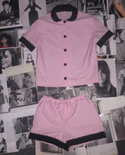 Load image into Gallery viewer, 100% Cotton Poplin Pyjamas in Pink with Black Contrasting Collar and Cuffs with Ric Rac Trim