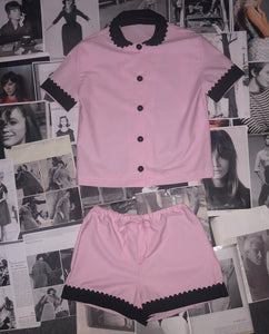 100% Cotton Poplin Pyjamas in Pink with Black Contrasting Collar and Cuffs with Ric Rac Trim