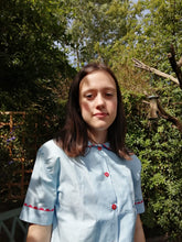 Load image into Gallery viewer, 100% Cotton Poplin Blue Pyjamas with Red Ric Rac Trim