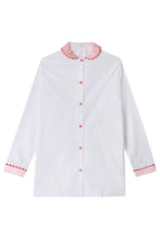 Load image into Gallery viewer, White Nightshirt with Contrasting Pink Collar and Cuffs and Red Ric Rac Trim - 100% Cotton Poplin