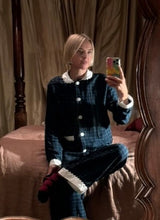 Load image into Gallery viewer, 100% Brushed Cotton Navy Tartan Pyjamas with White Collar and Cuffs Ric Rac Trim