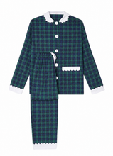 Load image into Gallery viewer, 100% Brushed Cotton Navy Tartan Pyjamas with White Collar and Cuffs Ric Rac Trim
