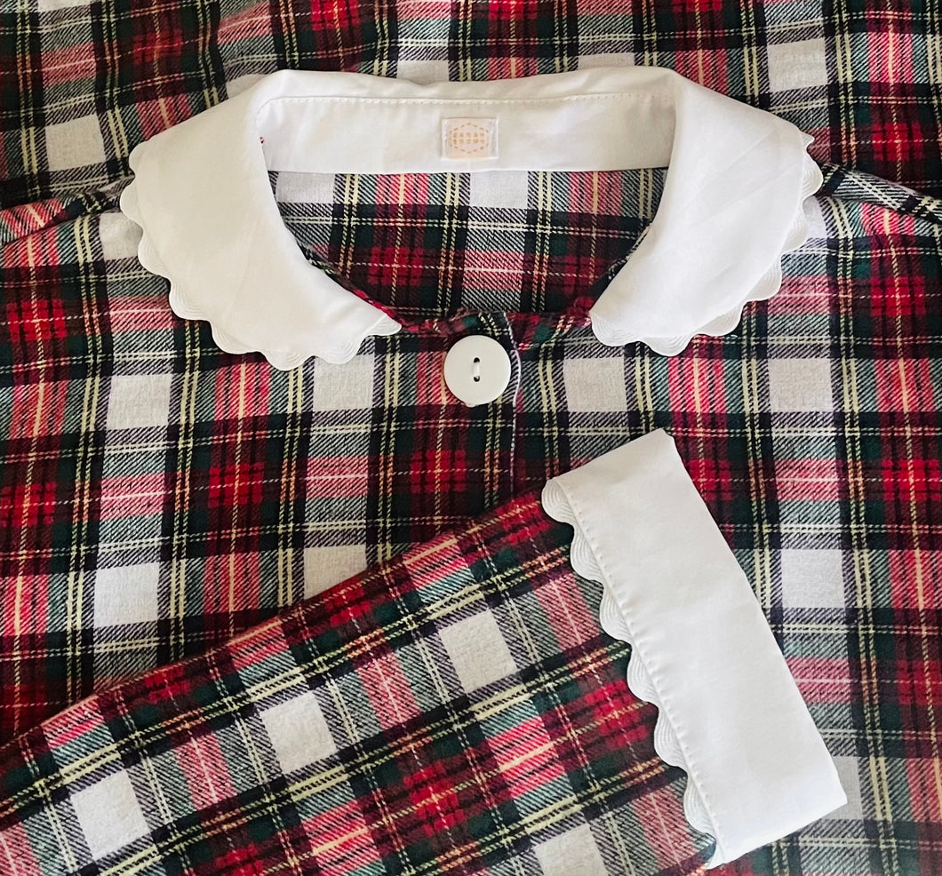 100% Brushed Cotton Tartan Pyjamas with White Collar and Cuffs Ric Rac Trim