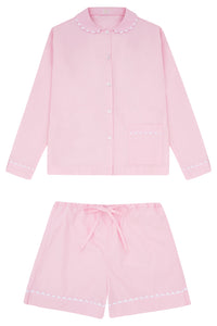 100% Cotton Poplin Pink Pyjama Shirt with White Ric Rac detailing