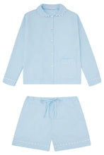 Load image into Gallery viewer, 100% Cotton Poplin Blue Pyjama Shorts with White Ric Rac Detailing
