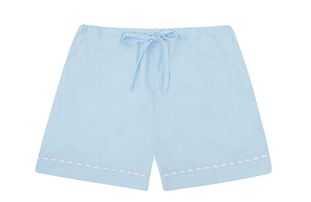 100% Cotton Poplin Blue Pyjama Shorts with White Ric Rac Detailing