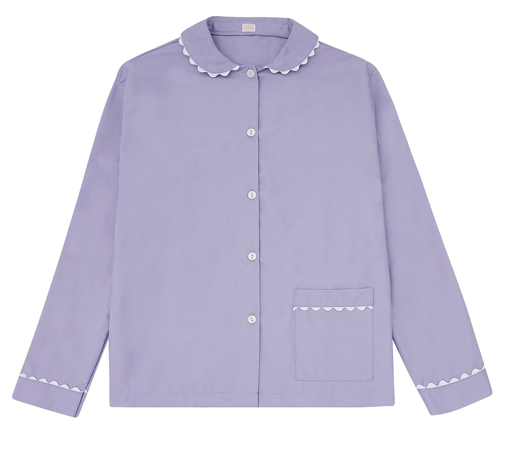 100% Cotton Poplin Lilac Pyjama Shirt with White Ric Rac detailing