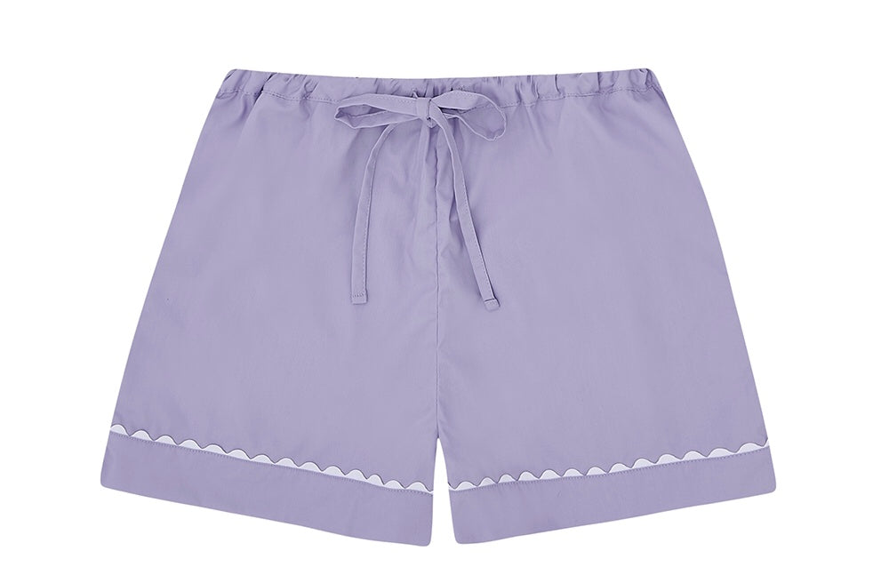100% Cotton Poplin Lilac Pyjama Shorts with White Ric Rac Detailing