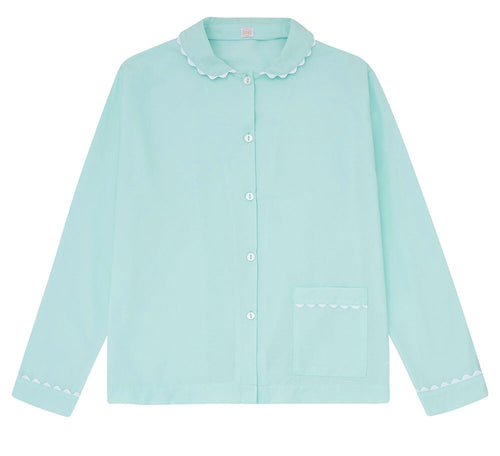 100% Cotton Poplin Mint Pyjama Shirt with White Ric Rac detailing